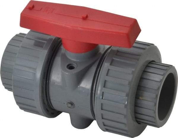 Simtech - 1-1/2" Pipe, Full Port, CPVC True Union Design Ball Valve - Inline - Two Way Flow, FNPT x FNPT (with Socket Adapter) Ends, Tee Handle, 232 WOG - USA Tool & Supply