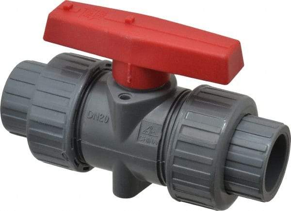 Simtech - 3/4" Pipe, Full Port, CPVC True Union Design Ball Valve - Inline - Two Way Flow, FNPT x FNPT (with Socket Adapter) Ends, Tee Handle, 232 WOG - USA Tool & Supply