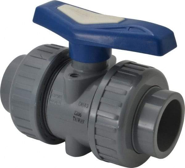 Simtech - 1-1/2" Pipe, Full Port, CPVC True Union Design Ball Valve - Inline - Two Way Flow, FNPT x FNPT (with Socket Adapter) Ends, Tee Handle, 232 WOG - USA Tool & Supply