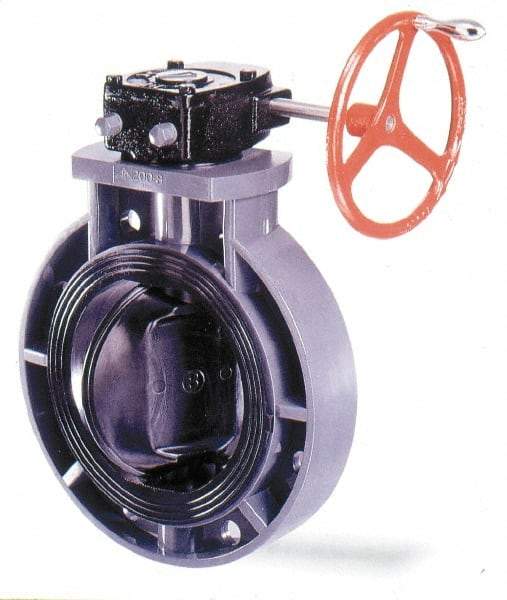 Simtech - 8" Pipe, Wafer Butterfly Valve - Gear Handle, PVC Body, Viton Seat, 150 WOG, Polypropylene Disc, Stainless Steel Stem - USA Tool & Supply
