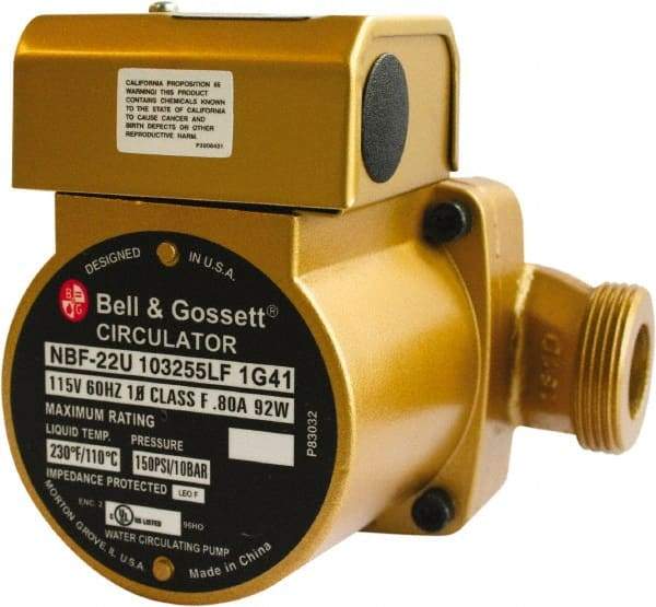 Bell & Gossett - 0.05 hp, 1 Phase, Bronze Housing, Noryl Impeller, Inline Circulator Pump - 115/230V Volt, 60 Hz Hz, 125 Max psi, 120V Motor - USA Tool & Supply