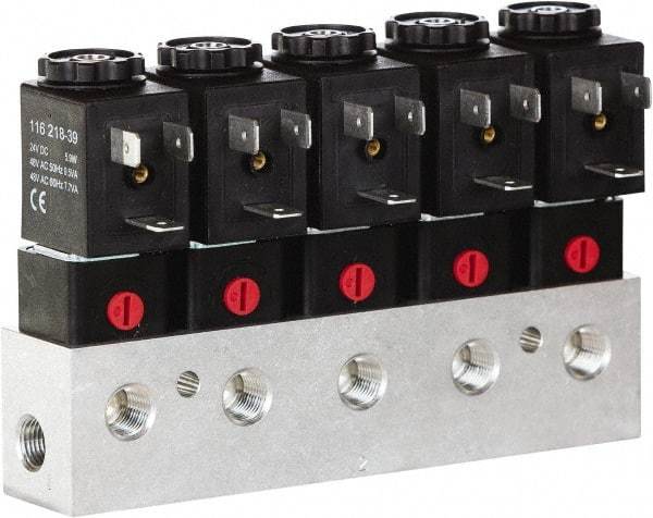 ARO/Ingersoll-Rand - 1/8", CAT Series 3-Way 2-Position Bar Manifold Stacking Solenoid Valve - 24 VDC, 0.062 CV Rate, 3.275" High x 7" Long - USA Tool & Supply