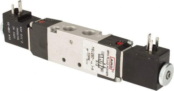 ARO/Ingersoll-Rand - 1/8" Inlet x 1/8" Outlet, Solenoid Actuator, Solenoid Return, 3 Position, Body Ported Solenoid Air Valve - 120 VAC Input, 0.5 CV, 4 Way, 115 psi, 122° Max Temp - USA Tool & Supply