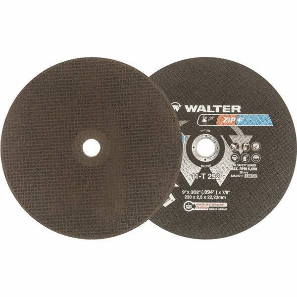 WALTER Surface Technologies - 9" 46 Grit Aluminum Oxide Cutoff Wheel - 3/32" Thick, 7/8" Arbor, 6,600 Max RPM, Use with Angle Grinders - USA Tool & Supply