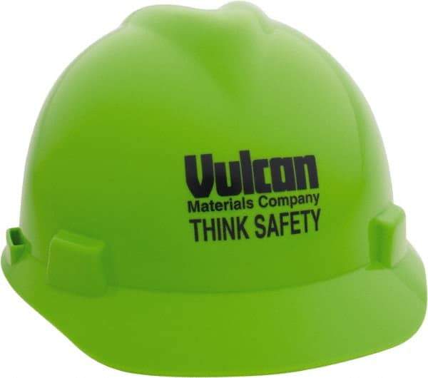 MSA - ANSI Type I, Class E Rated, 4-Point, Ratchet Adjustment Hard Hat - Size 6-1/2 to 8, Bright Lime Green, Standard Brim, Vulcan - USA Tool & Supply