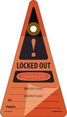 NMC - 7" High x 4" Long, LOCKED OUT - DANGER - EMPLOYEE NAME ___ COMPANY NAME ___ID#___PHONE#___, English Safety & Facility Lockout Tag - Tag Header: Danger, 1 Side, Orange Unrippable Vinyl - USA Tool & Supply