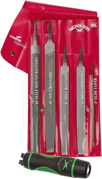 Nicholson - 6 Piece American Pattern File Set - 6", 8", 10" Long, Bastard/Smooth Coarseness, Set Includes Half Round, Mill, Slim Taper - USA Tool & Supply