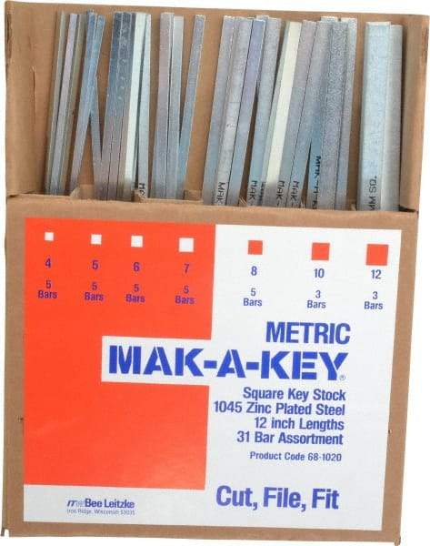 Made in USA - 12" Long, Zinc-Plated Key Stock Assortment - C1045 Steel - USA Tool & Supply