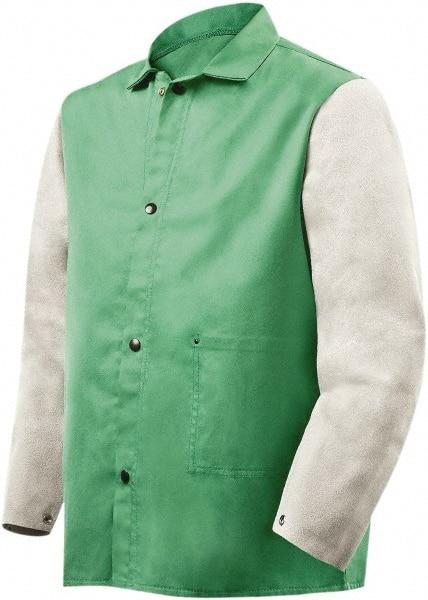 Steiner - Size 3XL Flame Resistant/Retardant Jacket - Green, Gray, Cotton & Leather, Snaps Closure, 60 to 64" Chest - USA Tool & Supply