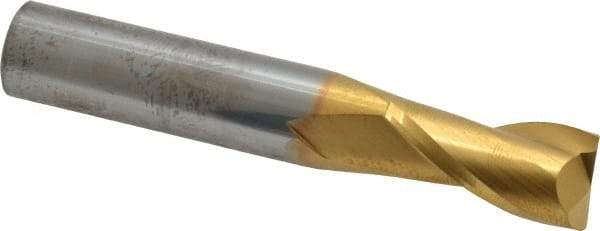SGS - 1/2", 1" LOC, 1/2" Shank Diam, 3" OAL, 2 Flute, Solid Carbide Square End Mill - Single End, TiN Finish, Spiral Flute, 30° Helix, Centercutting, Right Hand Cut, Right Hand Flute, Series 3 - USA Tool & Supply