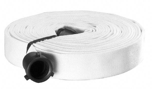 Made in USA - 1-1/2" ID x 1-3/4" OD, 250 Working psi, White Polyester/Rubber Fire Hose, Single Jacket - 1-1/2" NH/NST Ends, 100' Long, -40 to 150°F,750 Burst psi - USA Tool & Supply