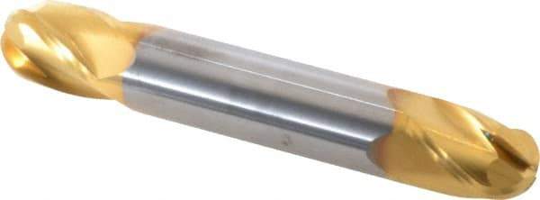 SGS - 7/16" Diam, 9/16" LOC, 4 Flute Solid Carbide Ball End Mill - TiN Finish, Double End, 2-3/4" OAL, 7/16" Shank Diam, Spiral Flute - USA Tool & Supply
