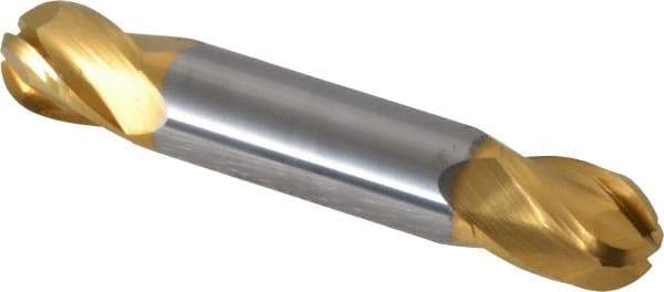 SGS - 1/2" Diam, 5/8" LOC, 4 Flute Solid Carbide Ball End Mill - TiN Finish, Double End, 3" OAL, 1/2" Shank Diam, Spiral Flute - USA Tool & Supply