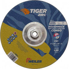 Weiler - 30 Grit, 9" Wheel Diam, Type 27 Depressed Center Wheel - Hard Grade, Zirconia Alumina, T Hardness, 6,600 Max RPM - USA Tool & Supply