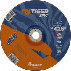 Weiler - 30 Grit, 9" Wheel Diam, 7/8" Arbor Hole, Type 27 Depressed Center Wheel - Hard Grade, Zirconia Alumina, T Hardness, 6,600 Max RPM - USA Tool & Supply