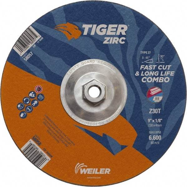 Weiler - 30 Grit, 9" Wheel Diam, Type 27 Depressed Center Wheel - Hard Grade, Zirconia Alumina, T Hardness, 6,600 Max RPM - USA Tool & Supply