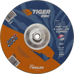 Weiler - 30 Grit, 9" Wheel Diam, Type 27 Depressed Center Wheel - Hard Grade, Zirconia Alumina, T Hardness, 6,600 Max RPM - USA Tool & Supply