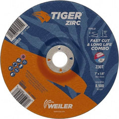 Weiler - 30 Grit, 7" Wheel Diam, 7/8" Arbor Hole, Type 27 Depressed Center Wheel - Hard Grade, Zirconia Alumina, T Hardness, 8,500 Max RPM - USA Tool & Supply