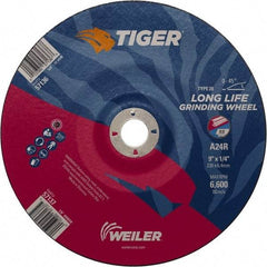 Weiler - 24 Grit, 9" Wheel Diam, 7/8" Arbor Hole, Type 28 Depressed Center Wheel - Medium Grade, Aluminum Oxide, R Hardness, 6,600 Max RPM - USA Tool & Supply