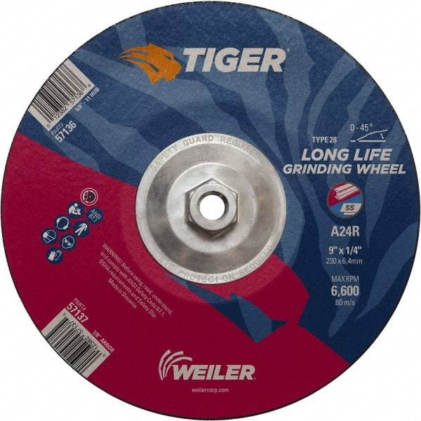 Weiler - 24 Grit, 9" Wheel Diam, Type 28 Depressed Center Wheel - Medium Grade, Aluminum Oxide, R Hardness, 6,600 Max RPM - USA Tool & Supply