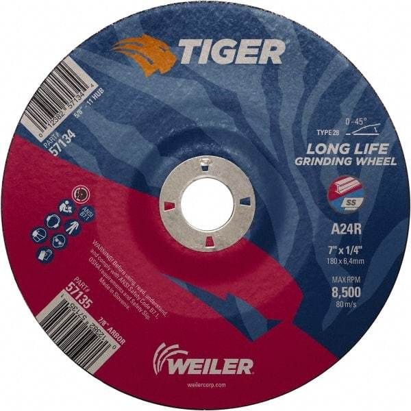 Weiler - 24 Grit, 7" Wheel Diam, 7/8" Arbor Hole, Type 28 Depressed Center Wheel - Medium Grade, Aluminum Oxide, R Hardness, 8,500 Max RPM - USA Tool & Supply