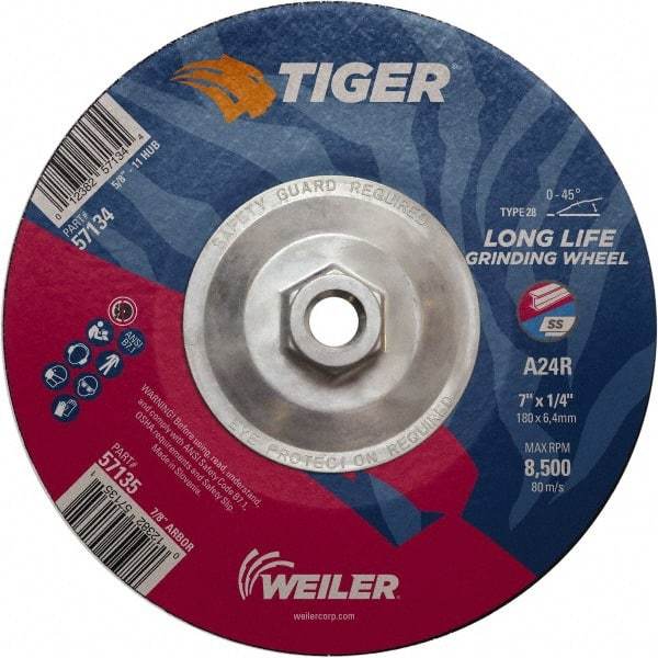 Weiler - 24 Grit, 7" Wheel Diam, Type 28 Depressed Center Wheel - Medium Grade, Aluminum Oxide, R Hardness, 8,500 Max RPM - USA Tool & Supply