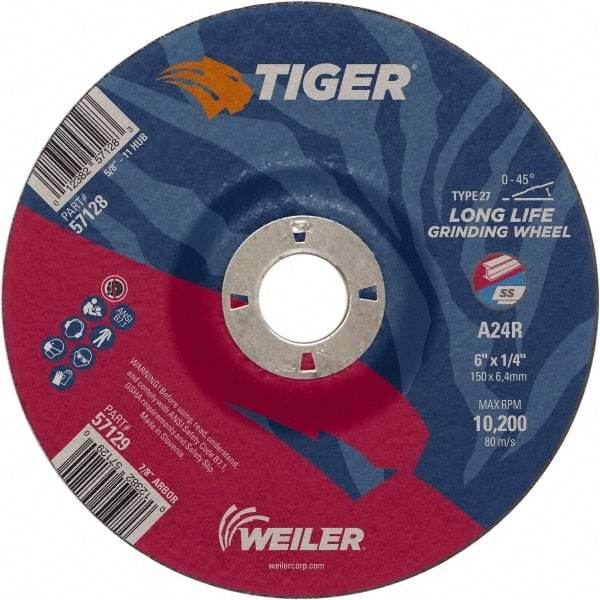 Weiler - 24 Grit, 6" Wheel Diam, 7/8" Arbor Hole, Type 27 Depressed Center Wheel - Medium Grade, Aluminum Oxide, R Hardness, 10,200 Max RPM - USA Tool & Supply