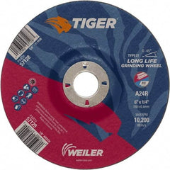 Weiler - 24 Grit, 6" Wheel Diam, 7/8" Arbor Hole, Type 27 Depressed Center Wheel - Medium Grade, Aluminum Oxide, R Hardness, 10,200 Max RPM - USA Tool & Supply