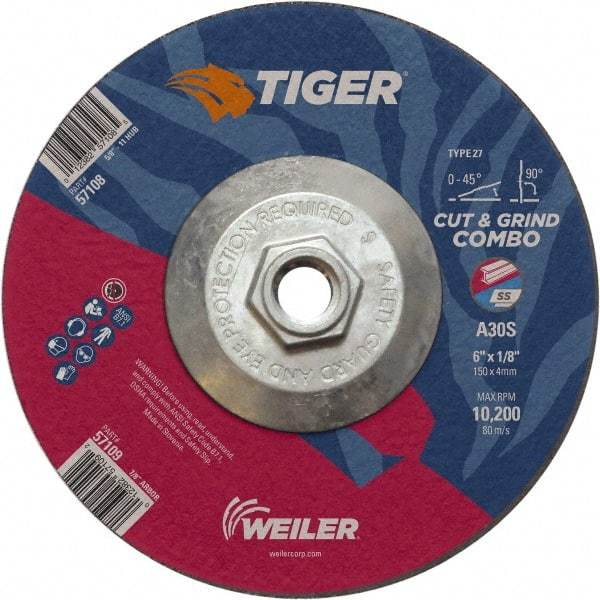 Weiler - 30 Grit, 6" Wheel Diam, Type 27 Depressed Center Wheel - Medium Grade, Aluminum Oxide, S Hardness, 10,200 Max RPM - USA Tool & Supply