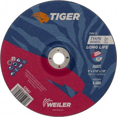 Weiler - 60 Grit, 9" Wheel Diam, 7/8" Arbor Hole, Type 27 Depressed Center Wheel - Hard Grade, Aluminum Oxide, T Hardness, 6,600 Max RPM - USA Tool & Supply