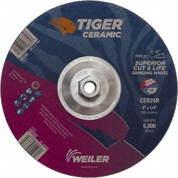 Weiler - 24 Grit, 9" Wheel Diam, Type 27 Depressed Center Wheel - Medium Grade, Ceramic, R Hardness, 6,600 Max RPM - USA Tool & Supply