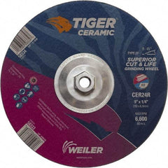 Weiler - 24 Grit, 9" Wheel Diam, Type 27 Depressed Center Wheel - Medium Grade, Ceramic, R Hardness, 6,600 Max RPM - USA Tool & Supply
