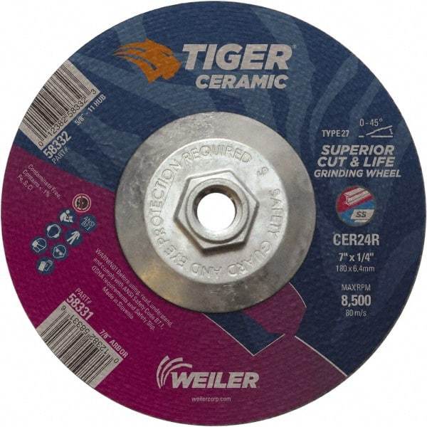 Weiler - 24 Grit, 7" Wheel Diam, Type 27 Depressed Center Wheel - Medium Grade, Ceramic, R Hardness, 8,500 Max RPM - USA Tool & Supply