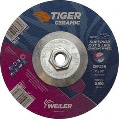 Weiler - 24 Grit, 7" Wheel Diam, Type 27 Depressed Center Wheel - Medium Grade, Ceramic, R Hardness, 8,500 Max RPM - USA Tool & Supply