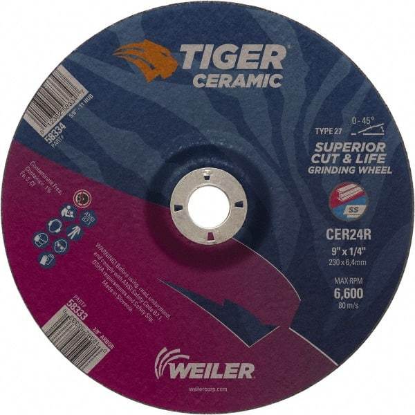 Weiler - 24 Grit, 9" Wheel Diam, 7/8" Arbor Hole, Type 27 Depressed Center Wheel - Medium Grade, Ceramic, R Hardness, 6,600 Max RPM - USA Tool & Supply
