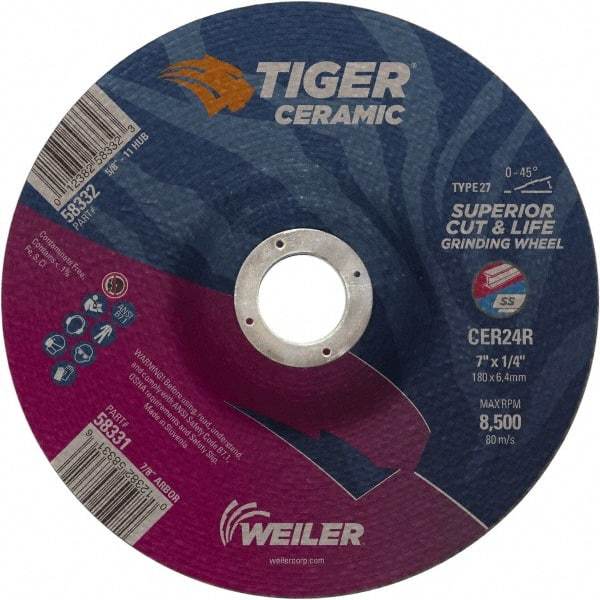Weiler - 24 Grit, 7" Wheel Diam, 7/8" Arbor Hole, Type 27 Depressed Center Wheel - Medium Grade, Ceramic, R Hardness, 8,500 Max RPM - USA Tool & Supply
