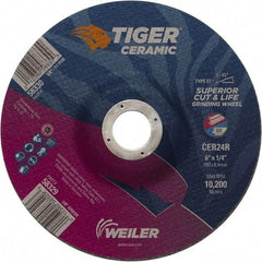 Weiler - 24 Grit, 6" Wheel Diam, 7/8" Arbor Hole, Type 27 Depressed Center Wheel - Medium Grade, Ceramic, R Hardness, 10,200 Max RPM - USA Tool & Supply