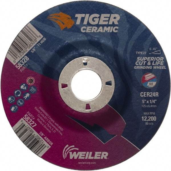 Weiler - 24 Grit, 5" Wheel Diam, 7/8" Arbor Hole, Type 27 Depressed Center Wheel - Medium Grade, Ceramic, R Hardness, 12,200 Max RPM - USA Tool & Supply