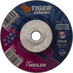 Weiler - 24 Grit, 4-1/2" Wheel Diam, Type 27 Depressed Center Wheel - Medium Grade, Ceramic, R Hardness, 13,300 Max RPM - USA Tool & Supply