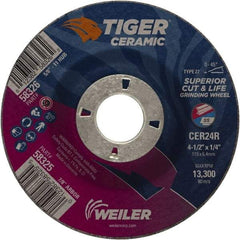 Weiler - 24 Grit, 4-1/2" Wheel Diam, 7/8" Arbor Hole, Type 27 Depressed Center Wheel - Medium Grade, Ceramic, R Hardness, 13,300 Max RPM - USA Tool & Supply