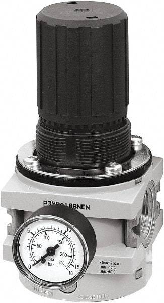 Parker - 1 NPT Port, 550 CFM, Aluminum Hi-Flow Regulator - 0 to 232 psi Range, 254 Max psi Supply Pressure, 1/4" Gauge Port Thread, 3-1/2" Wide x 7.2" High - USA Tool & Supply