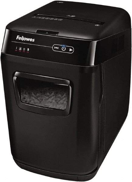 FELLOWES - 5/32 x 1-1/2" Strip, 130 Sheet Automatic, 8 Sheet Manual Sheet Cross Cut Auto Feed Shredder - 20" Long x 13-5/8" Wide x 21-3/8" High, Level 3 Security, 85 Gal Wastebasket - USA Tool & Supply