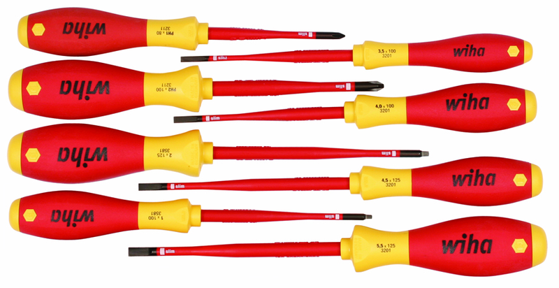 Insulated Slim Integrated Insulation 8 Piece Screwdriver Set Slotted 3.5; 4; 4.5; 5.5; Phillips #1 & 2; Square #1 & 2 - USA Tool & Supply