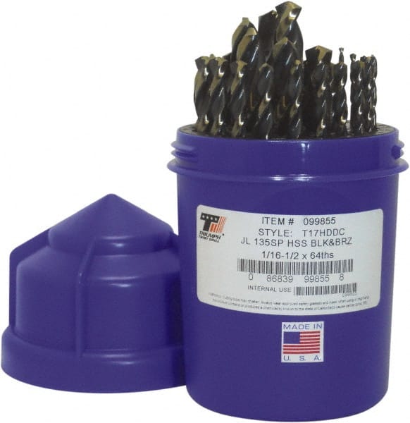 Triumph Twist Drill - 1/16 to 1/2", 135° Point, Bronze/Black Oxide Finish, High Speed Steel Jobber Length Drill Bit Set - USA Tool & Supply