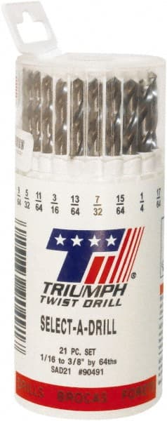 Triumph Twist Drill - 1/16 to 3/8", 135° Point, Bright Finish, High Speed Steel Jobber Length Drill Bit Set - USA Tool & Supply