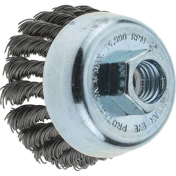 Tru-Maxx - 2-3/4" Diam, 5/8-11 Threaded Arbor, Steel Fill Cup Brush - 0.02 Wire Diam, 1" Trim Length, 14,000 Max RPM - USA Tool & Supply