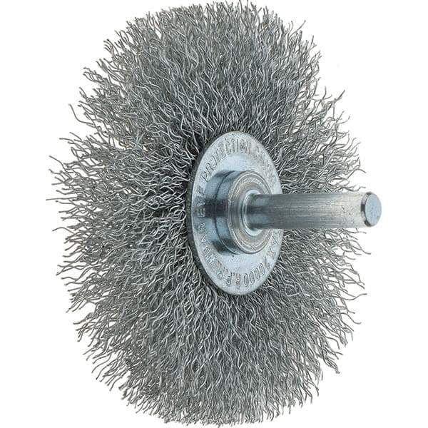 Tru-Maxx - 3" OD, 1/4" Shank Diam, Crimped Steel Wheel Brush - 1/2" Face Width, 13/16" Trim Length, 0.014" Filament Diam, 20,000 RPM - USA Tool & Supply