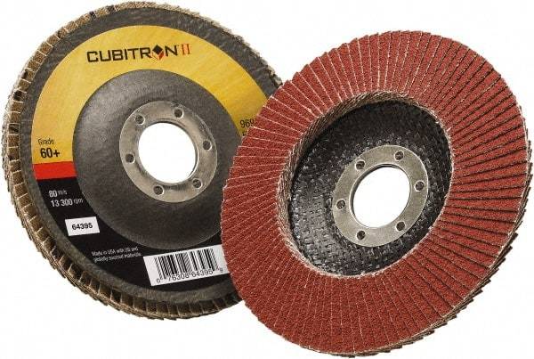 3M - 60 Grit, 4-1/2" Disc Diam, 7/8" Center Hole, Type 29 Ceramic Flap Disc - 13,300 Max RPM, Polyester Backing, Arbor Attaching System, Coated - USA Tool & Supply