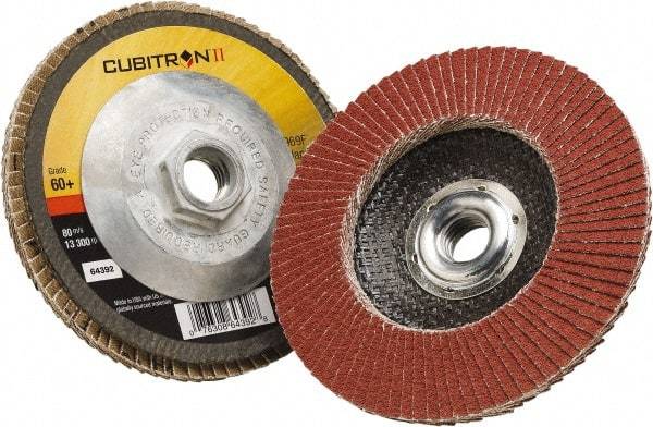 3M - 60 Grit, 4-1/2" Disc Diam, 5/8-11 Center Hole, Type 29 Ceramic Flap Disc - 13,300 Max RPM, Polyester Backing, Arbor Attaching System, Coated - USA Tool & Supply