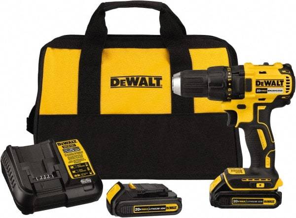 DeWALT - 20 Volt 1/2" Chuck Mid-Handle Cordless Drill - 0-1600 RPM, Reversible, 2 Lithium-Ion Batteries Included - USA Tool & Supply